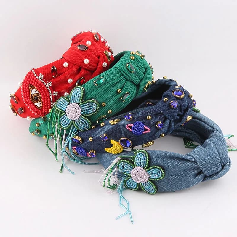 New Fashion Hairband with Fabric Flowers, Rhinestones and Beads - Elegant accessory and Chic