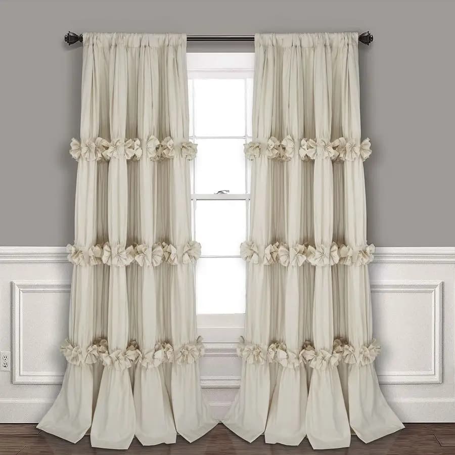 Insulated blinds for windows, 54 L x 84 L (pair), curled boho curtains with 3 rows of butterflies and flowers, rustic style.