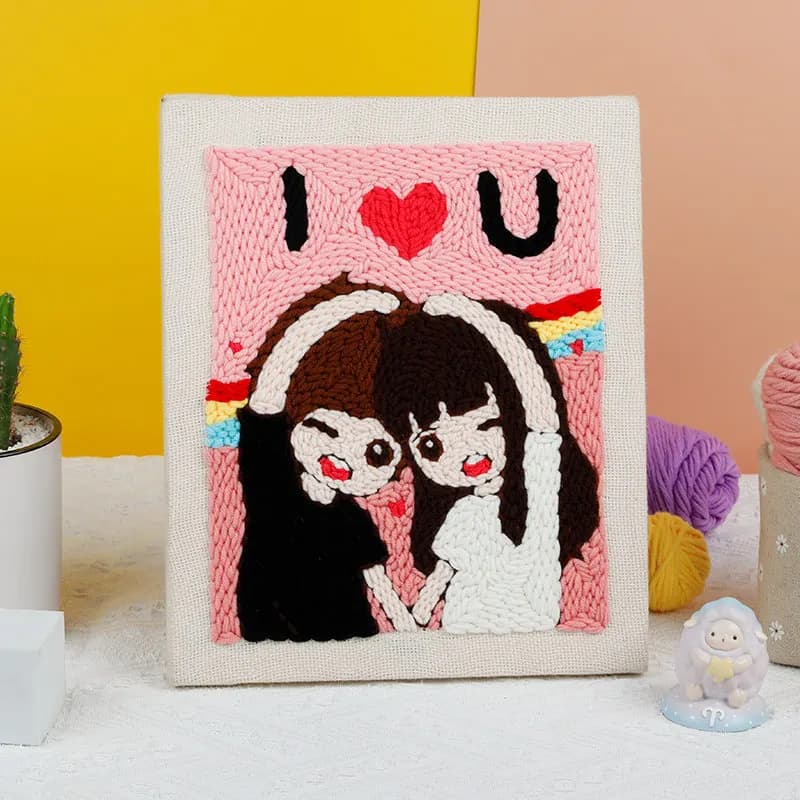 DIY Punch Needle Embroidery Kits for Beginners Romantic Couple with Frame Wool Poke Embroidery Starter Set Adults Craft 25x30cm