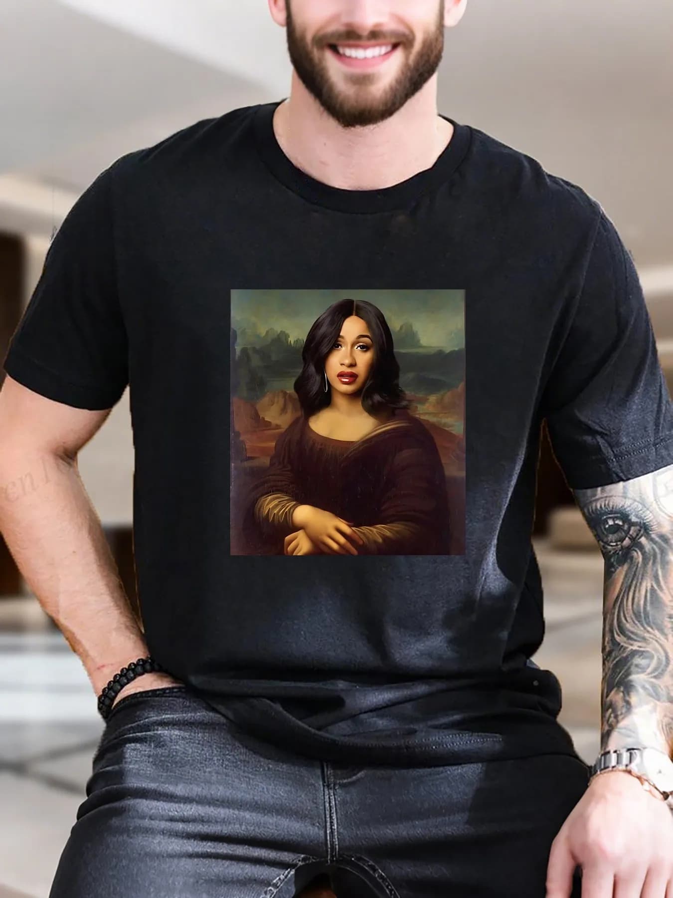 T-shirt stampata da uomo di moda di nuovo arrivo Pittura artistica di donna con rossetto rosso Abito marrone 100% cotone T-shirt traspirante Ca