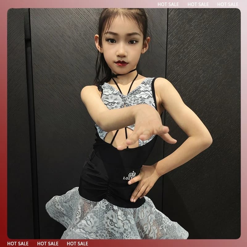 Abito da ballo latino personalizzato Abito da pratica Abito da competizione professionale per ragazze Gonna soffice stampata grigia