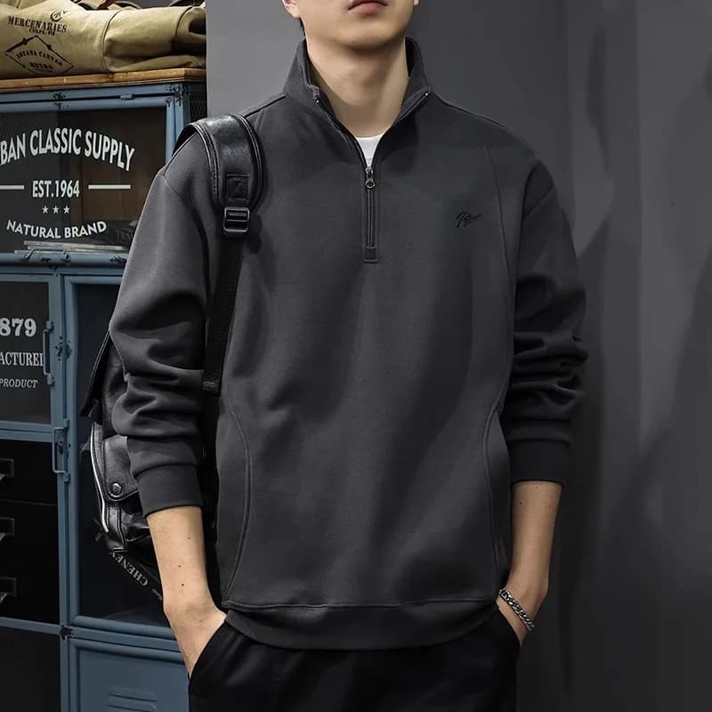 Autumn Winter Men's Embroidered Half Zip Hoodies Sweatshirt American Style Stand Collar Polo Shirt Male Vintage Loose Pullover