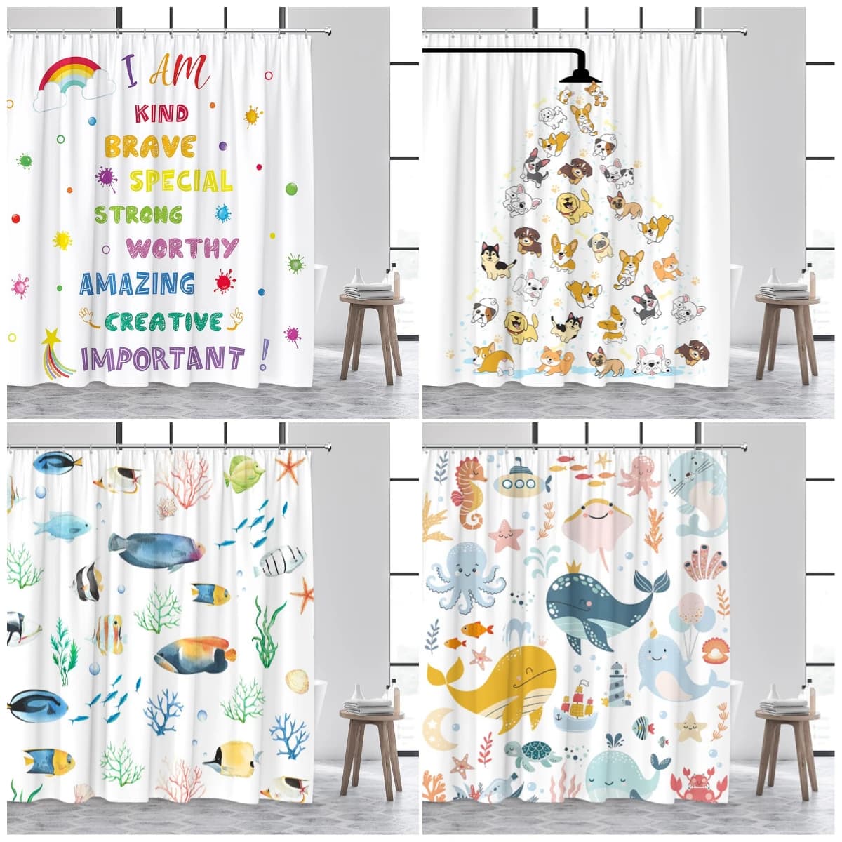 Tenda da Doccia con Stampa di Animali Marini Cartoon, Impermeabile in Poliestere, Decorazione Bagno per Bambini con Affermazioni Positive
