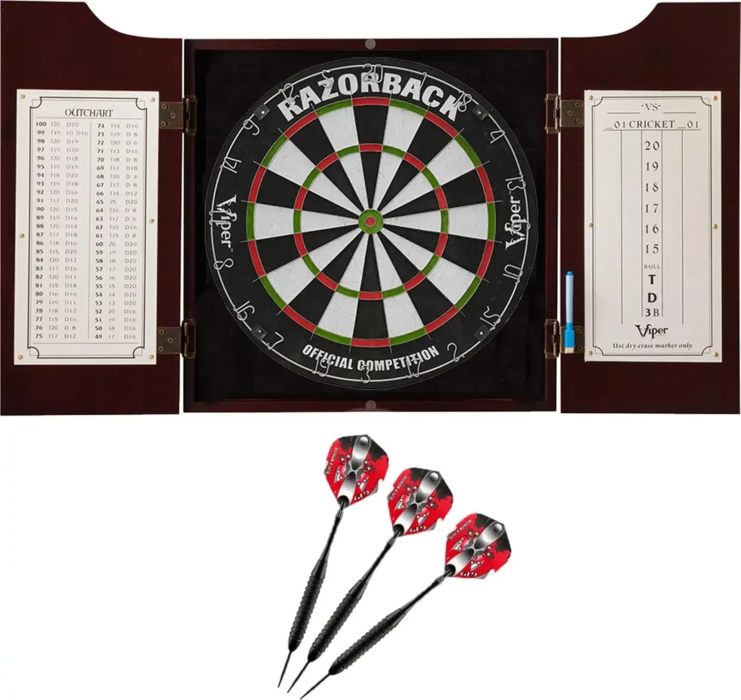 Viper Hudson All-in-One Dart Center: Classic Solid Wood Cabinet & Official Sisal/Bristle Dartboard Bundle with Steel-Tip Dart