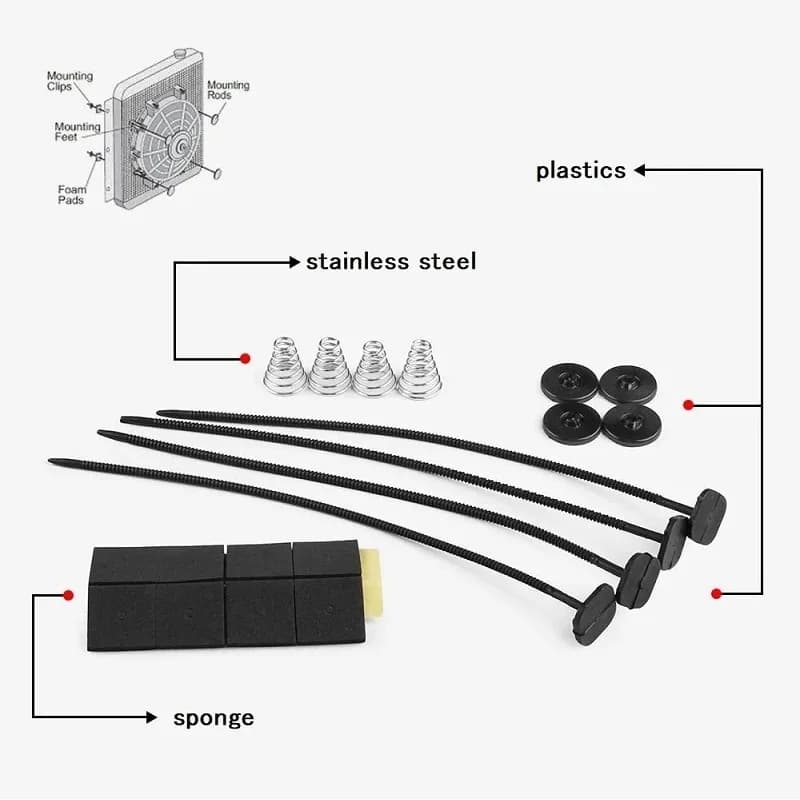 Kit di montaggio per cinghia di fascetta per ventola del radiatore elettrico Fascette con cerniera Cinghie Schede Molle per accessori per ventola del radiatore dell'aria condizionata dell'auto