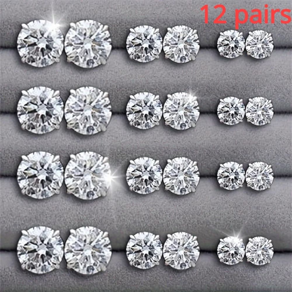 Set of 12 pairs of stainless steel lobe earrings with gems, round earrings, fashionable unisex jewelry, gift ideas