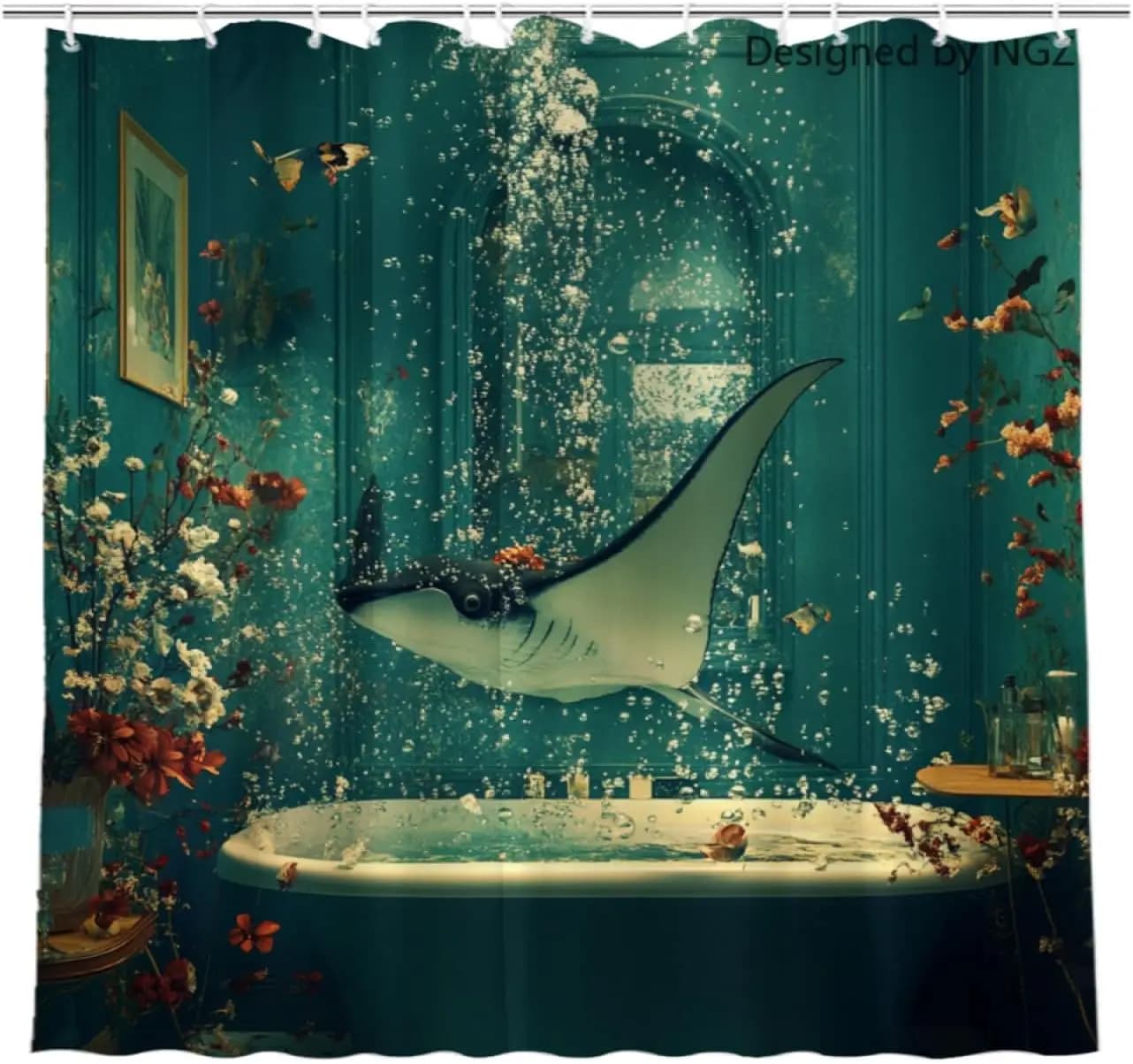 Funny SPA Manta-Ray Shower Curtain, Teal Green Ocean Print, Waterproof Polyester, Relaxing Bathroom Decoration with 12 Hooks