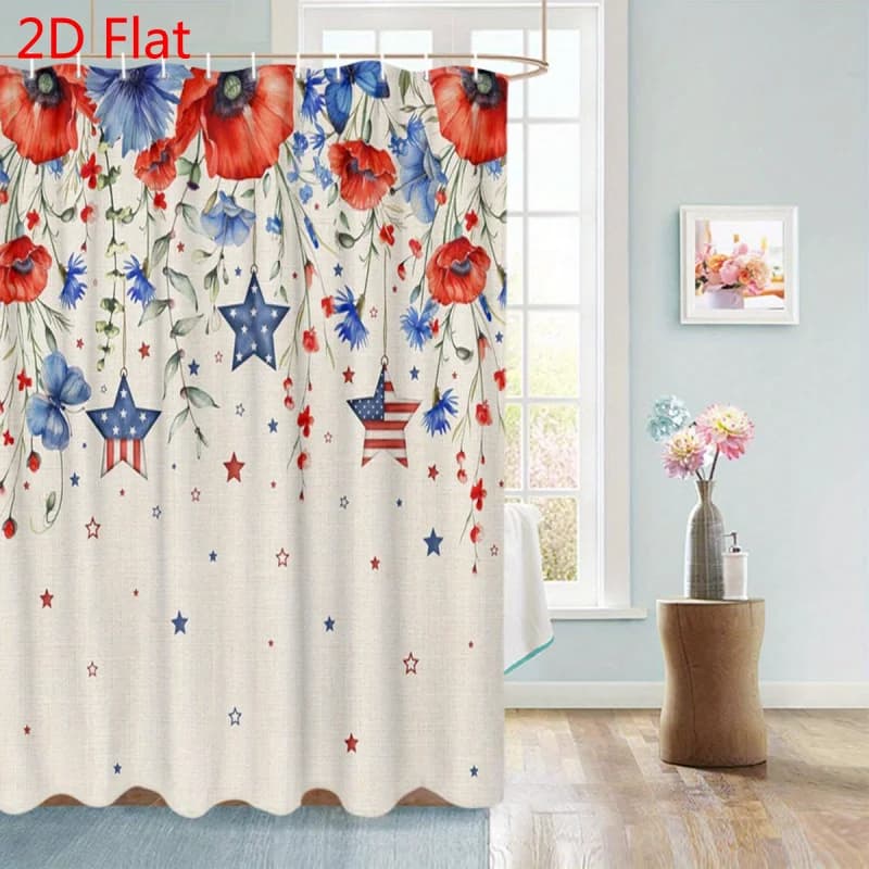 Tenda da doccia per bagno con fiori patriottici rossi e blu, stelle, per il Giorno dell'Indipendenza americana, in poliestere, lavabile in lavatrice, 71 pollici