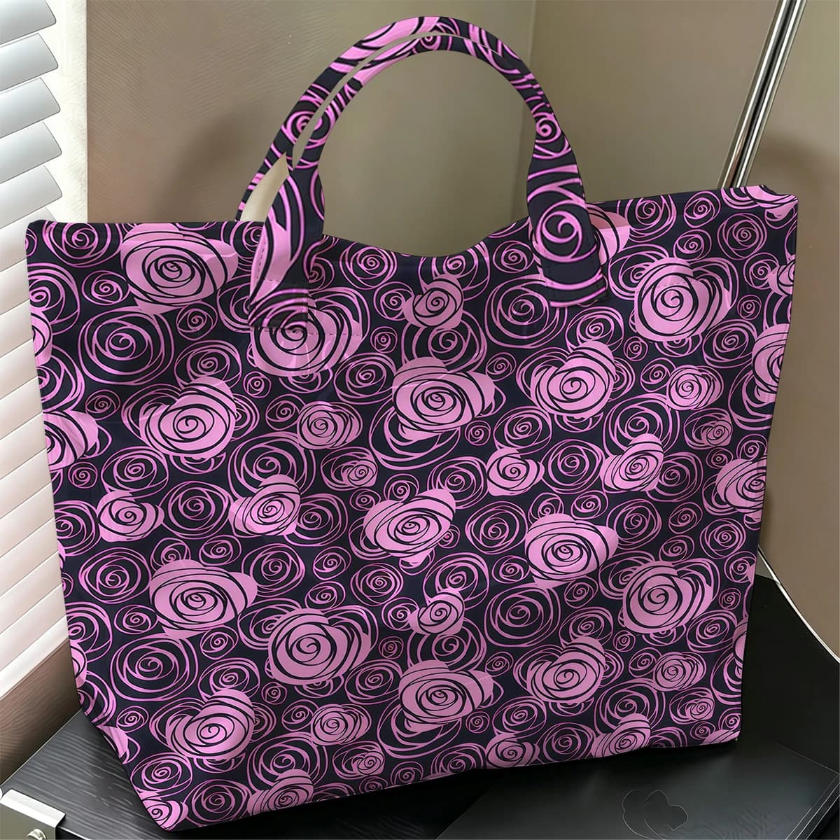 Pink Line Rose Fashion Large Glossy PVC Tote Bag Hand Washable Waterproof Perfect Travel Commute Cosmetic Storage Shopper