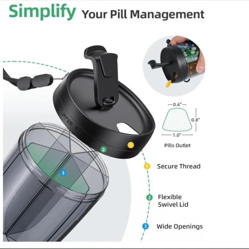 Organizer of supplements for large pills glasses to contain 7 various vitamins, travel pills, straw container