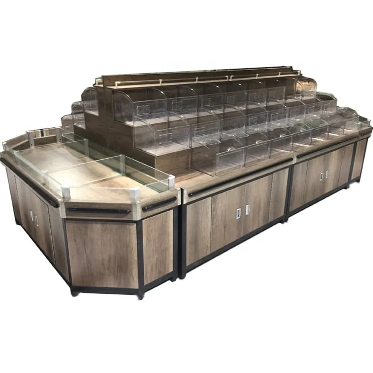 Scaffale Gondola in Legno Personalizzato per Supermercato, Espositore per Frutta Secca e Caramelle