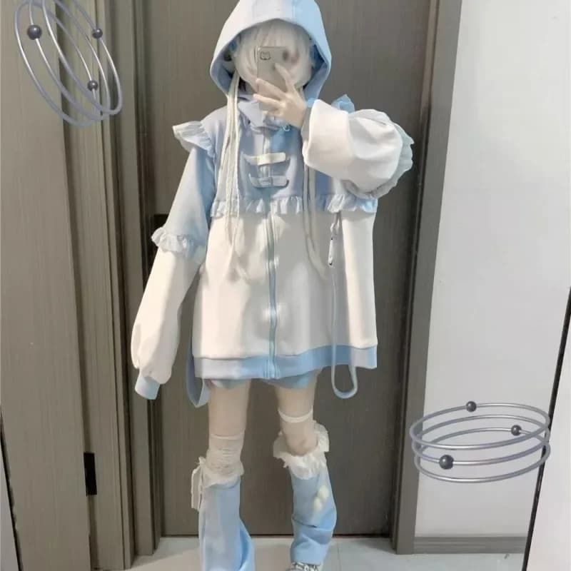 Cappotto con cappuccio con cerniera Harajuku da donna oversize dolce allentato capispalla casual sottocultura Y2K giapponese Kawaii Lolita design con cappuccio COS