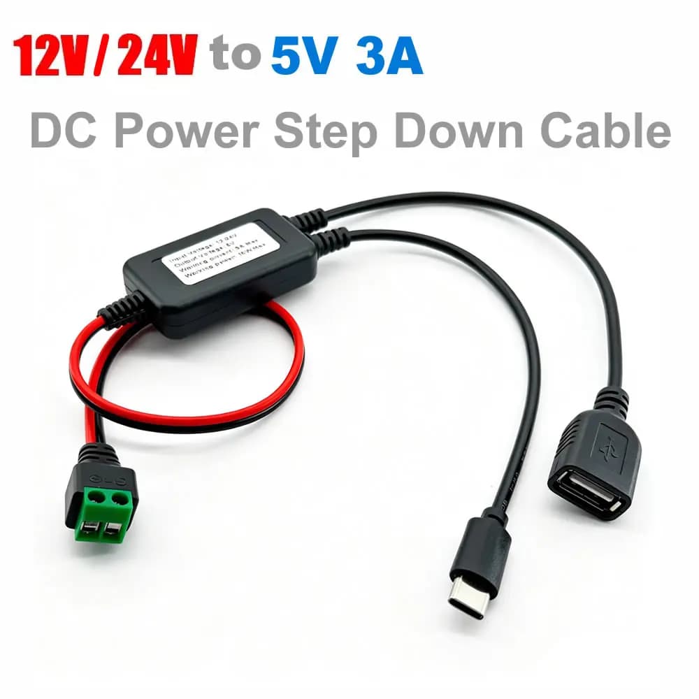 Convertitore DC-DC da 12V/24V a 5V, Modulo Buck, Cavo Adattatore di Alimentazione con Terminale Senza Saldatura a 2 Pin per USB-A/Type-C, Cavo di Ricarica Step-Down