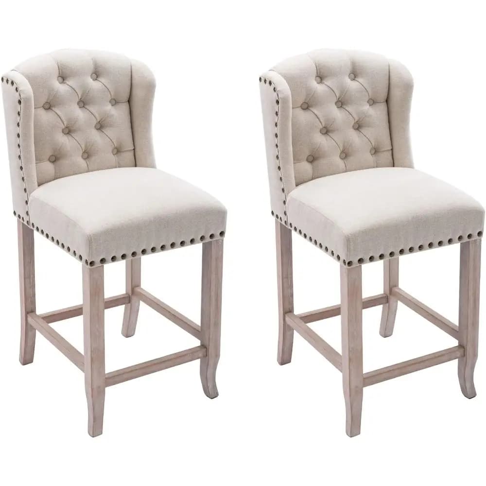 Coppia di 26 sgabelli da bar con schienale alto, rivestiti in lino, con gambe in legno per isola cucina, beige