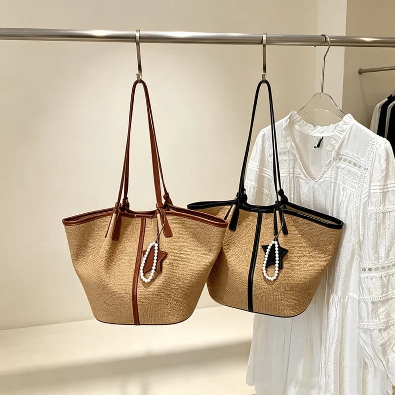 CLAREGQI Women Straw Woven Tote Bag Large Capacity Shoulder Handbag Vintage Star Pearl Pendant Shopper Bag Ladies Travel Commu