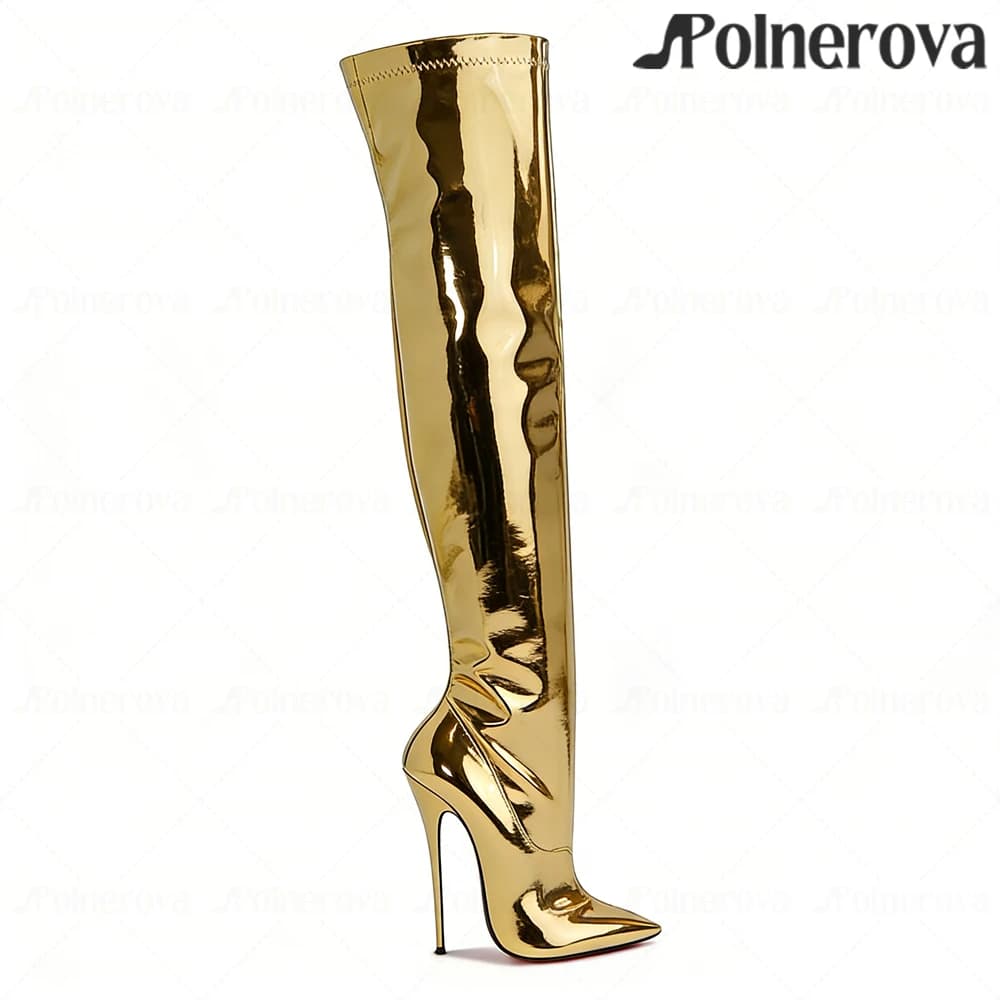 Stivali Sopra il Ginocchio in Pelle Verniciata con Tacco Laccato da 16cm, Stile Sexy, Tacco a Spillo, Personalizzabili, Multicolore, Scarpe Artigianali