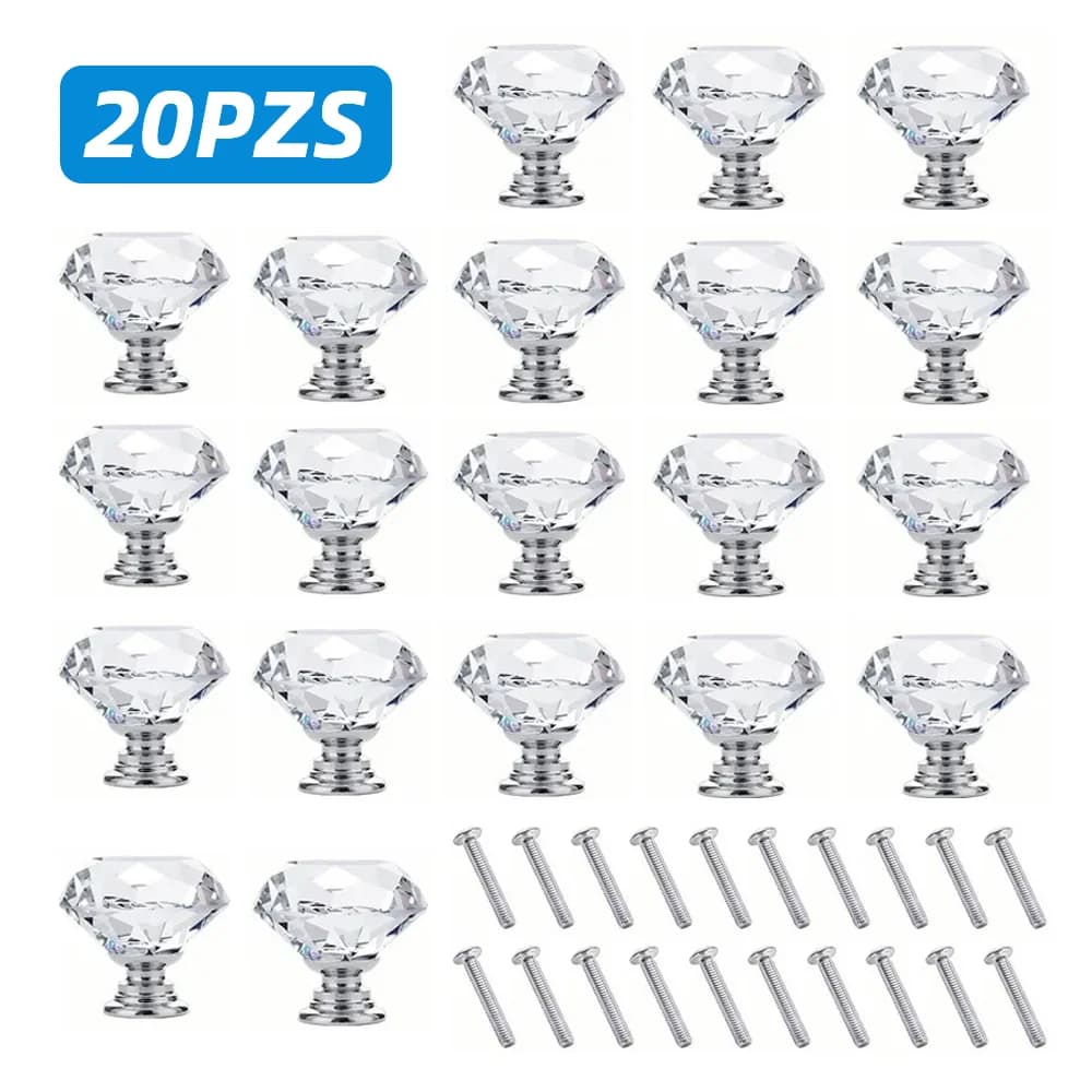 Pomelli in cristallo a forma di diamante, 20 pezzi/set, 30 mm, maniglie per cassetti, armadi da cucina, ante dell'armadio