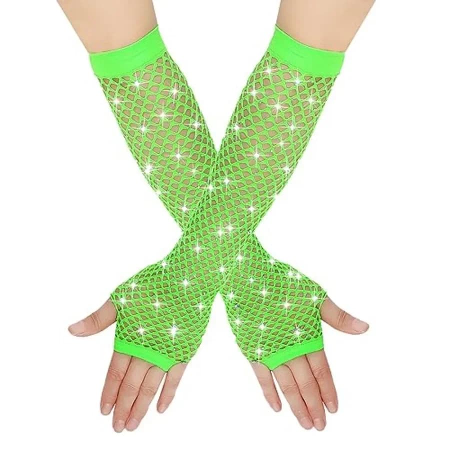 Long Fishnet Fingerless Gloves 80's Theme Party with Rhinestones Mesh Gloves for Women Girls Cosplay, Performance.