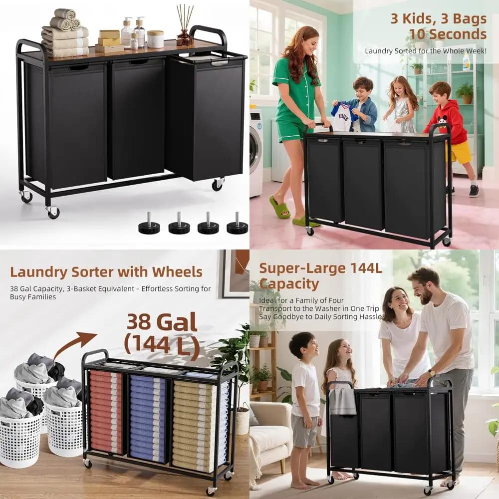 Large basket with wheels with removable bags, top shelf and wheels for efficient sorting