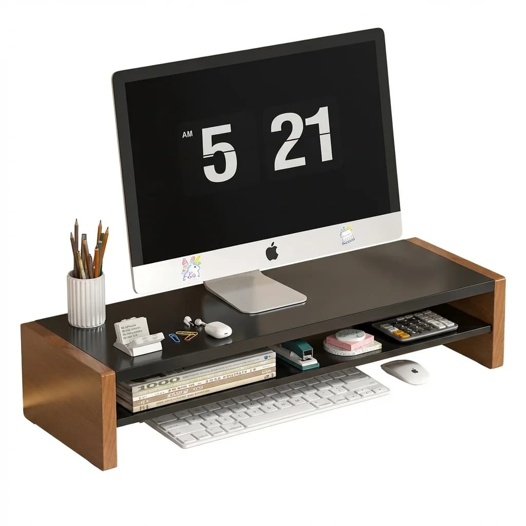 Supporto per Monitor con Doppio Ripiano, Rialzo Ergonomico per Scrivania, in Legno Massello e Acciaio al Carbonio, Stabile