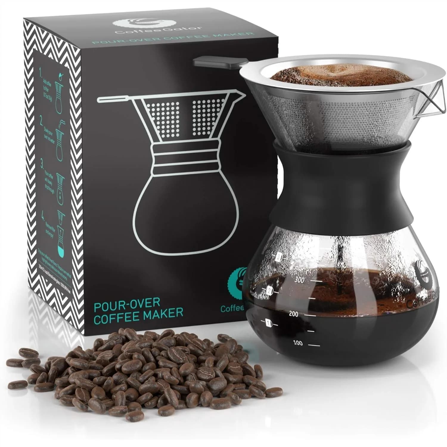 Caffettiera Pour Over con Caraffa in Vetro Borosilicato da 300ml e Filtro in Acciaio Inossidabile Riutilizzabile, Nera
