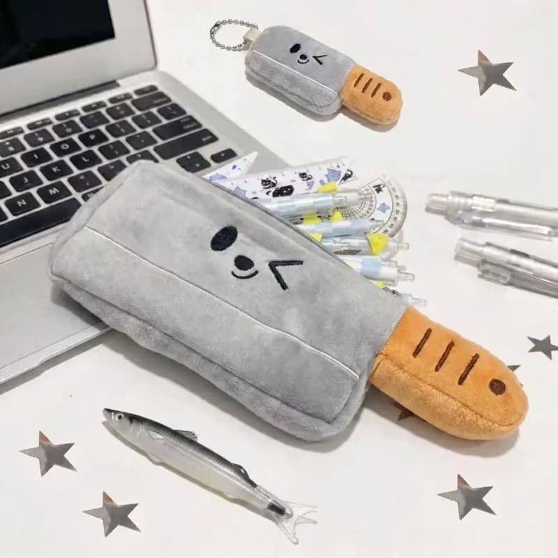 Super Cute Fried Shrimp Tail Ribbon Pen Case, Single-layer Portable Stationery Organizer With INS Style Fleece, Student Sch