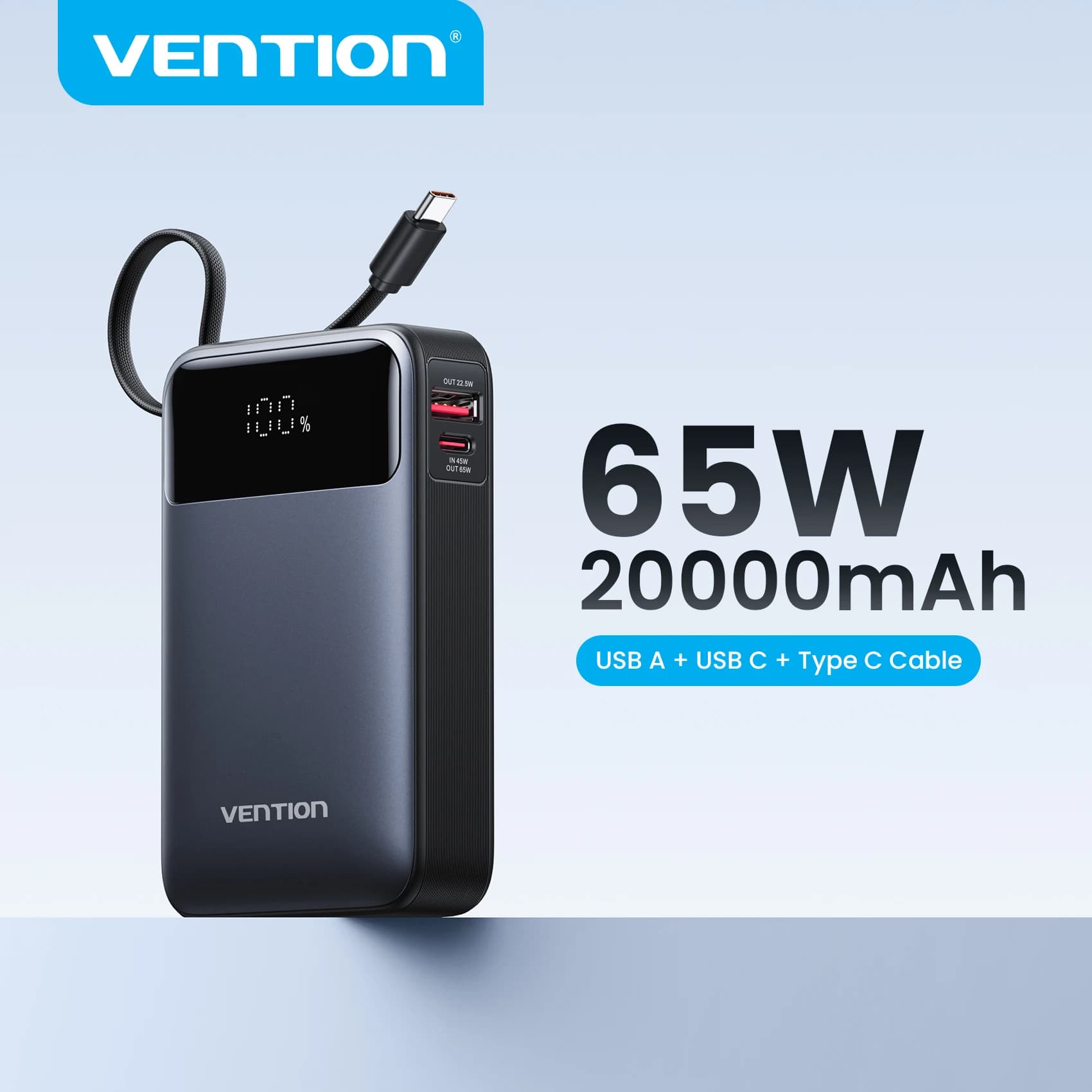 Vention Power Bank 20000mAh Portatile PD 65W Ricarica Rapida con Cavo Type-C Integrato Batteria Esterna Powerbank per iPhone 17 Laptop