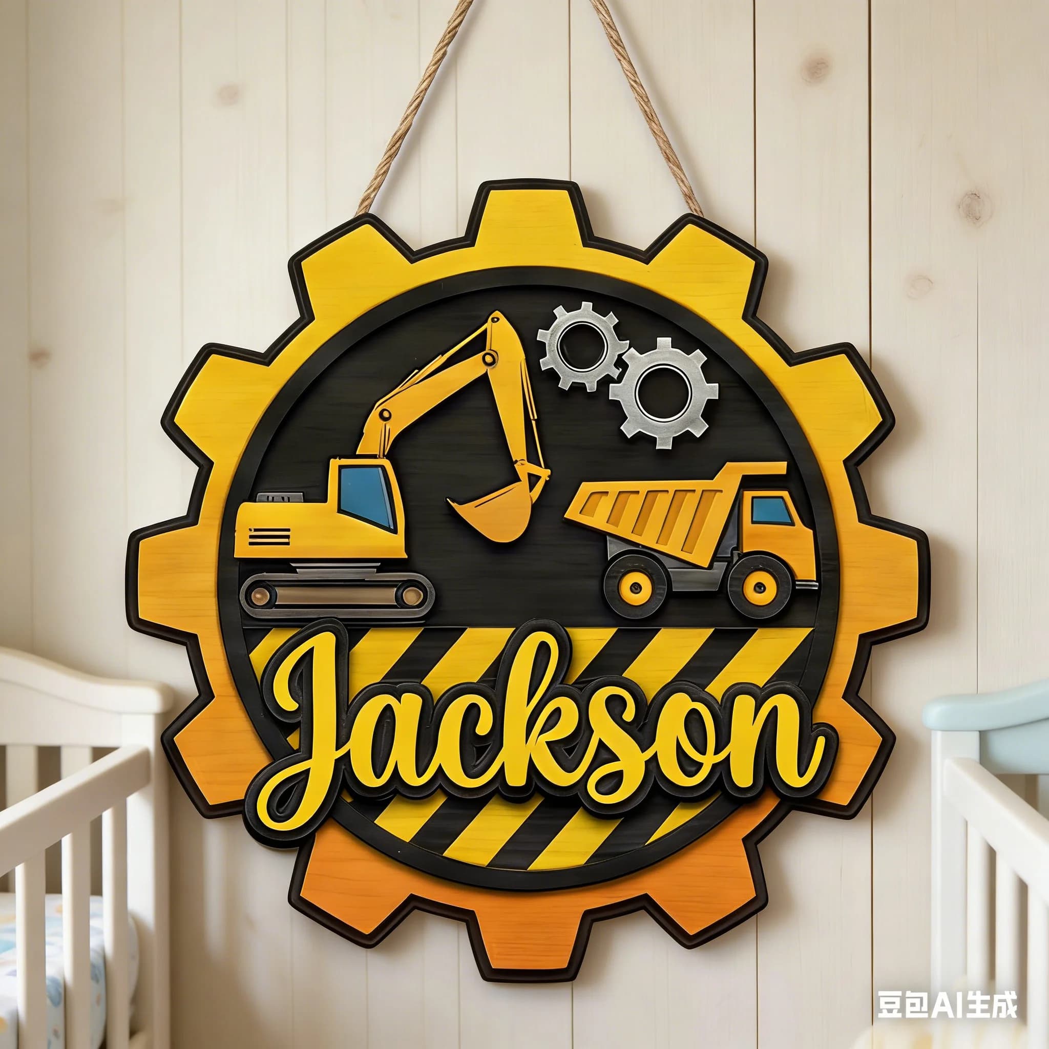 Targa da appendere personalizzata in legno a tema camion da costruzione per cameretta dei ragazzi, con nome del veicolo, per infermieri