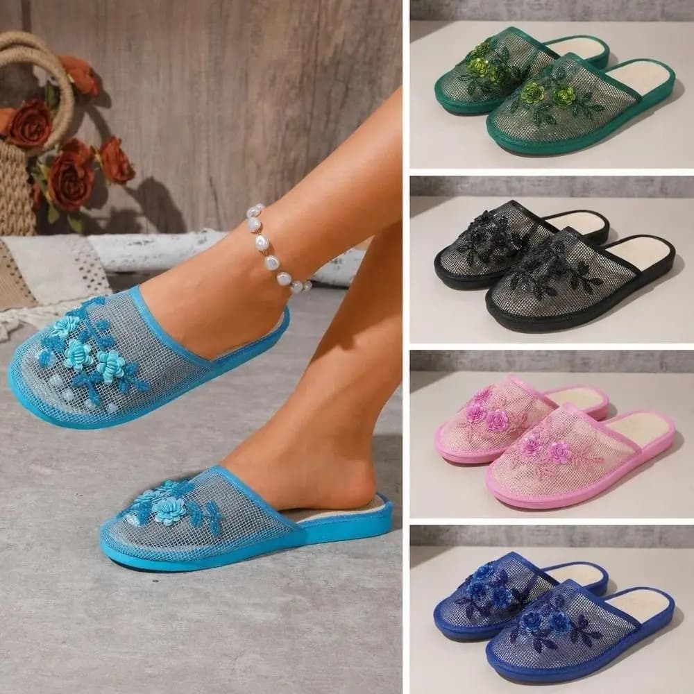 Fashion Flower Embroidery Mesh Sandals Non Slip Soft Bottom Slide Sandals Breathable Shoes Indoor Outdoor
