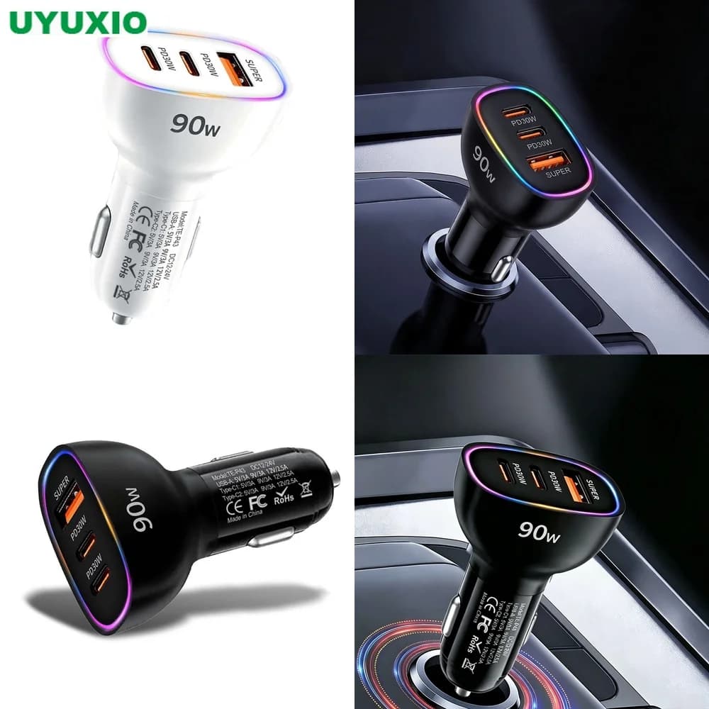 90W Car Charger Multi Port Fast Charging Dual PD 30W Type C USB A 30W Power Adapter PPS QC3.0 SCP RGB LED Light for MacBook