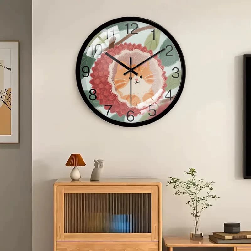 Wall clock silent round hanging with kitten in plush, suitable for living room, school, study room, bedroom, children's gifts