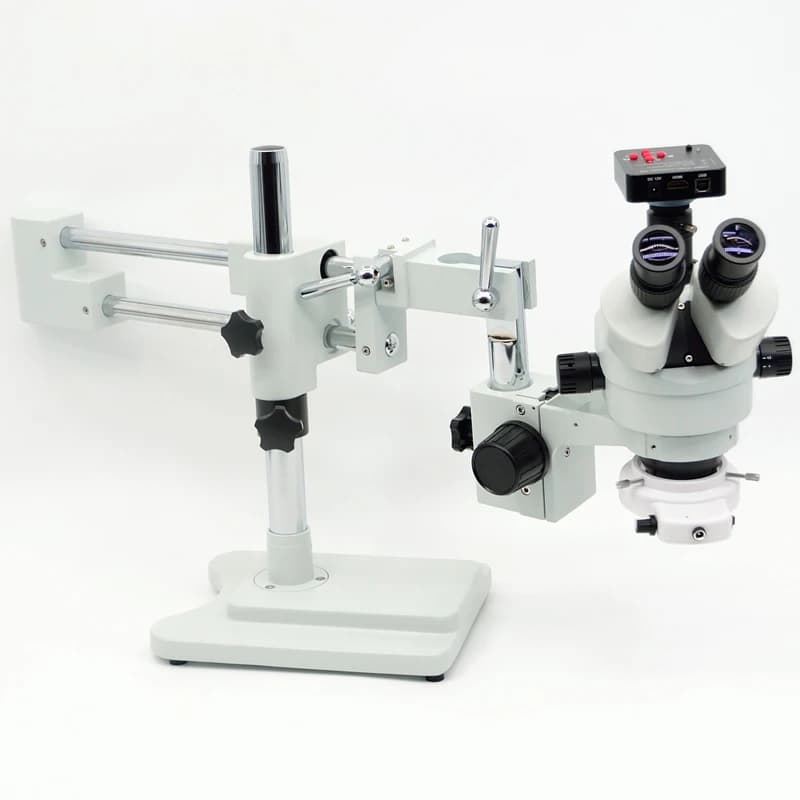 Microscopio 3.5X-90X 50/50 Microscopio trinoculare con doppio braccio simul-focale diviso Microscopio con zoom stereo + fotocamera HDMI da 60 MP