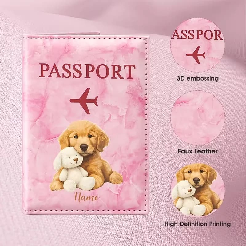 Personalized Custom Name PU Passport Holder in a Sweet and Adorable Pet Style, Featuring a Golden Retriever Puppy Embracing
