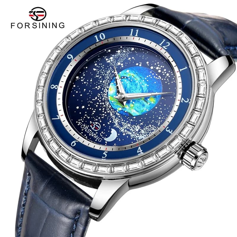 Orologio meccanico automatico originale Forsining 432E per uomo, lussuoso con diamanti, cielo stellato rotante e fasi lunari.