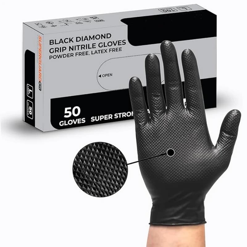 Guanti monouso in nitrile nero resistente da 8 milioni Guanti monouso con impugnatura testurizzata a diamante Guanti di sicurezza per meccanici industriali resistenti allo strappo