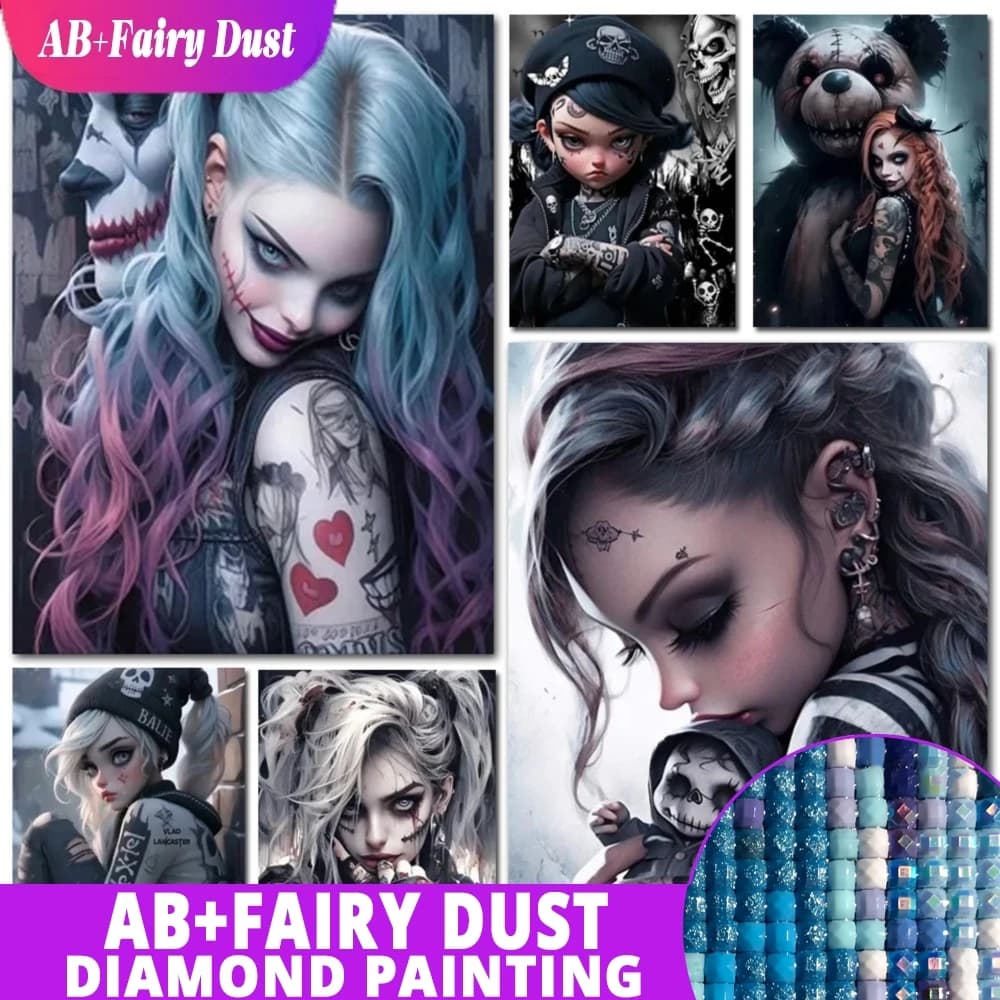 AB Fairy Dust Gothic Girl And Bear Diamond Painting Full Square Drill 5d Diy Diamond Mosaic Embrmodiery Cartoon Portrait For Wal