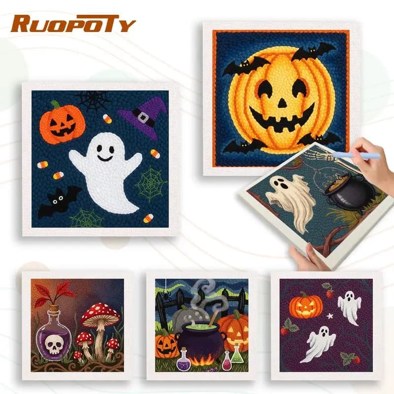 RUOPOTY Ghost Diy Needle Punch Kit Home Decoration Embroidery Supplies Halloween Punch Needle Frame Art Supplies Crafts Gift