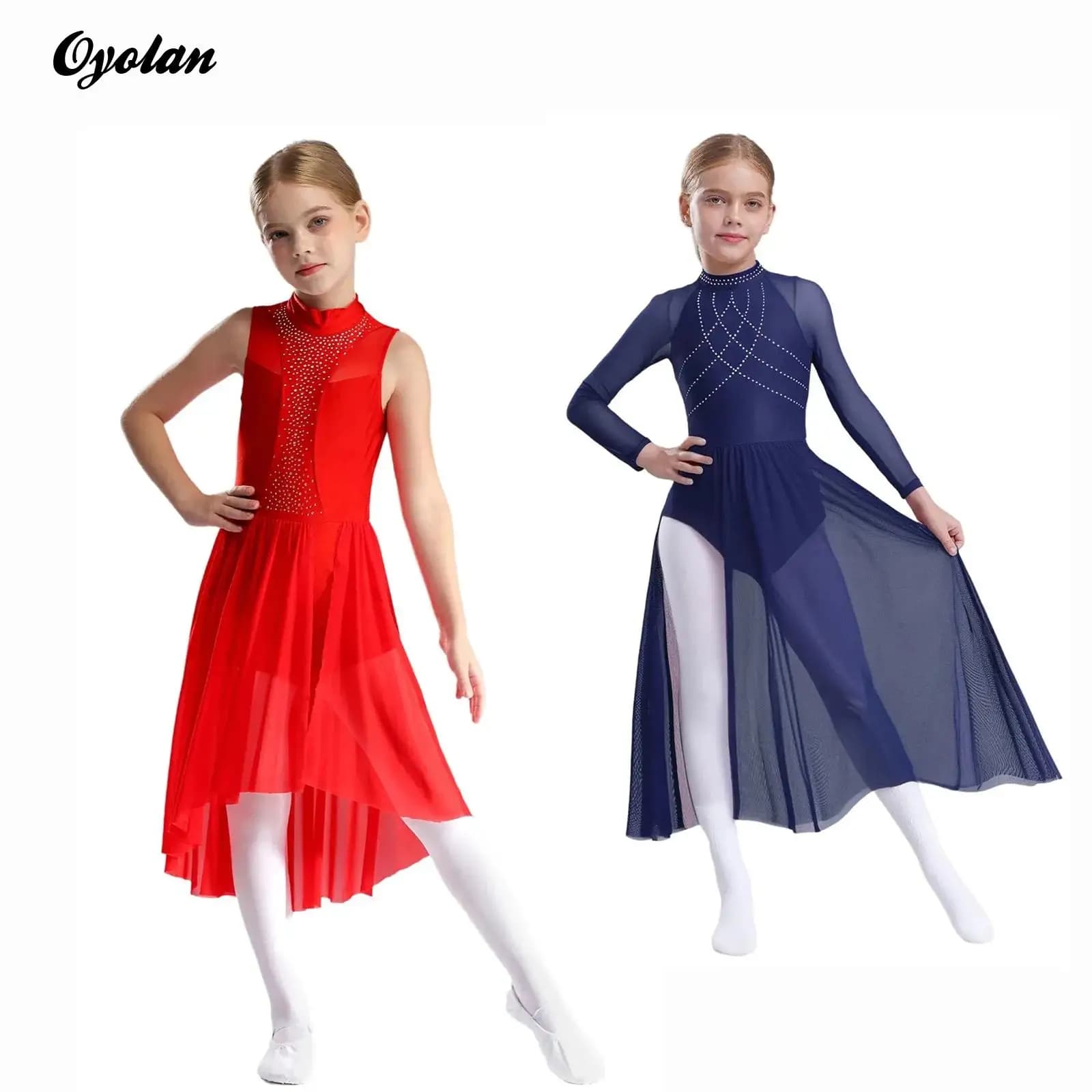 Costume da danza lirica per balletto per bambina, strass lucidi, ginnastica, pattinaggio di figura, costume, body flowy diviso in rete trasparente