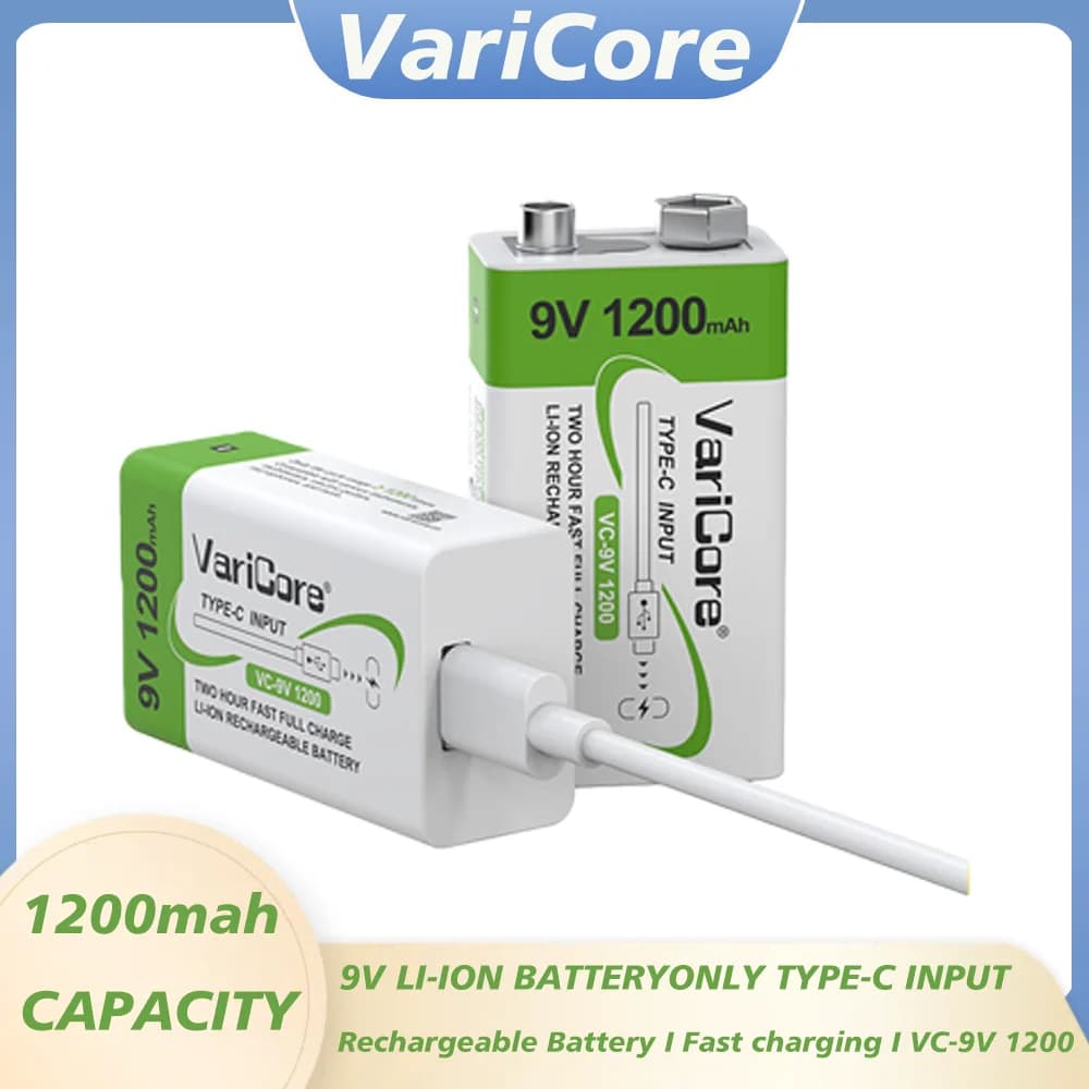 Batteria VariCore 1200mAh 9V agli ioni di litio 6F22 9V ricaricabile USB per microfono, multimetro, giocattoli RC, pistola termica