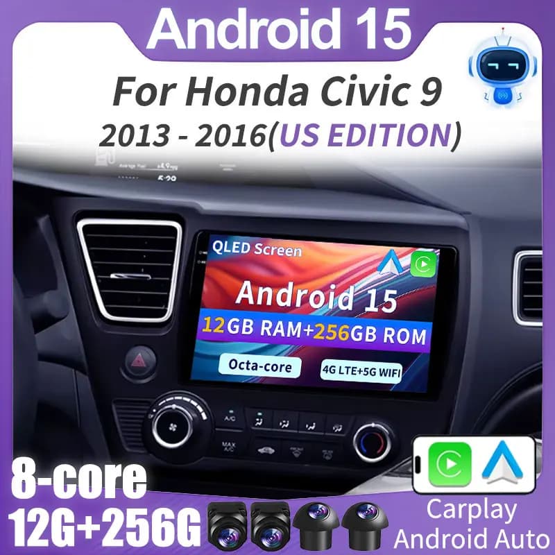 Android 15 Carplay Auto DSP Car Radio For Honda Civic 9 9th US Sender Coupe Carplay Android auto Qualcomm Car stereo Multimedia