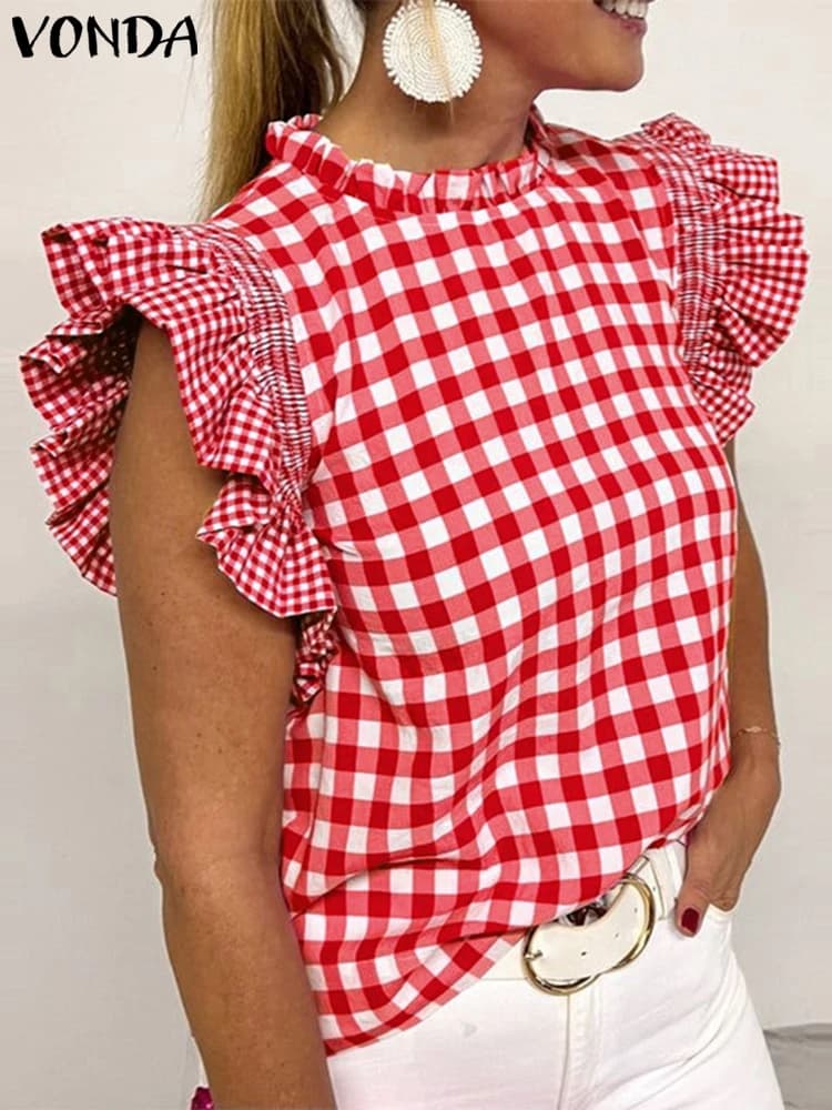 Plus Size 5XL VONDA Women's Elegant OL Top 2025 Summer Short Sleeves Vintage Men's Fashioned Casual Shirts