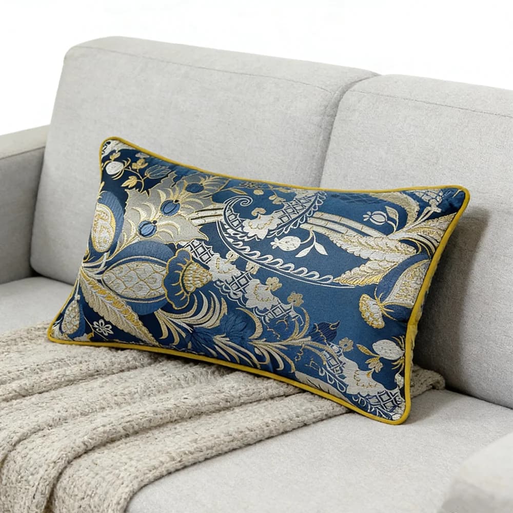 Lussuosa Federa per Cuscino Lombare con Motivo Piante Blu della Foresta Pluviale, Bordatura Dorata, Jacquard, Decorazione per Casa, Sedia, Pavimento, Divano 30x50cm