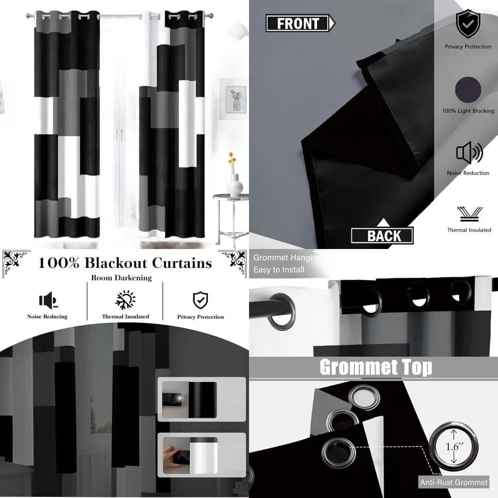 Dark Curtains Modern Geometric Grigies 100% Blackout, 52x108, Extra Long Bed Frames and Living Room