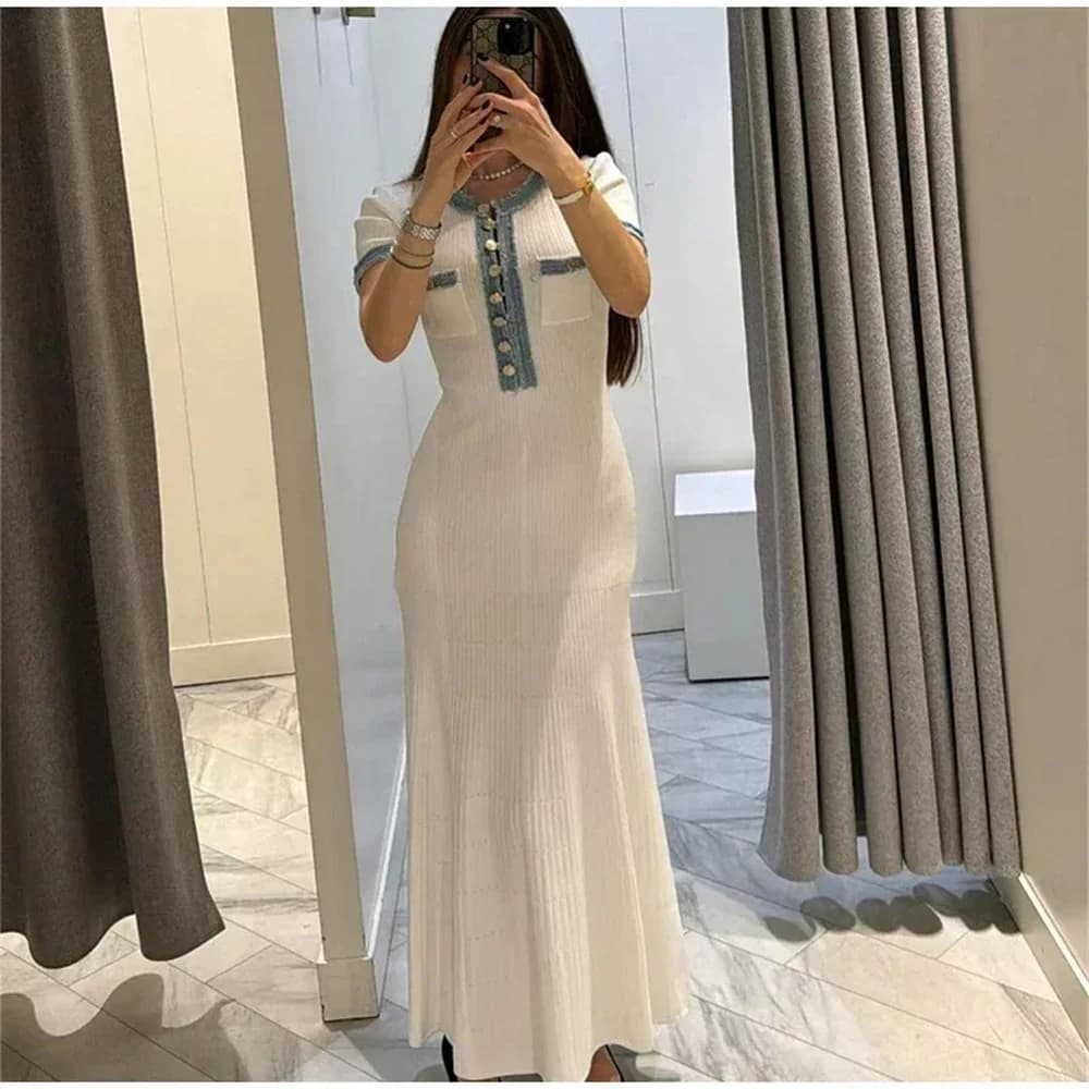 Elegant Contrasting Women Knit Maxi Dress Chic O-neck Short Sleeve Metal Buttons Bodycon Dresses Office Lady Commuting Robe