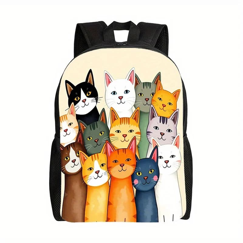1 cute backpack for cats, with multicolored pattern of cats tabby and tuxedo - light school backpack, suitable for girls and boys