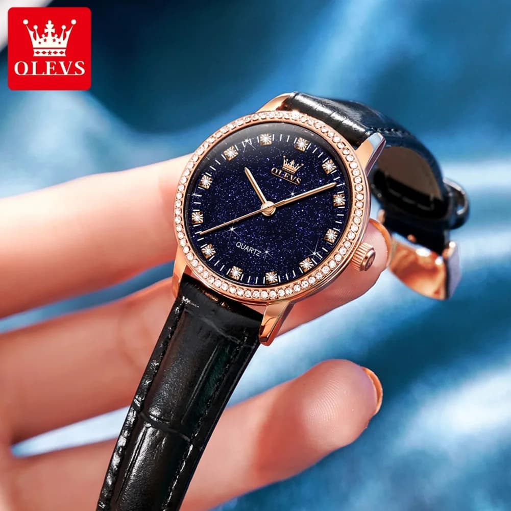 OLEVS Orologio al quarzo con cielo stellato alla moda di marca per donna Orologio da polso da donna casual impermeabile con cinturino in pelle con diamanti di lusso