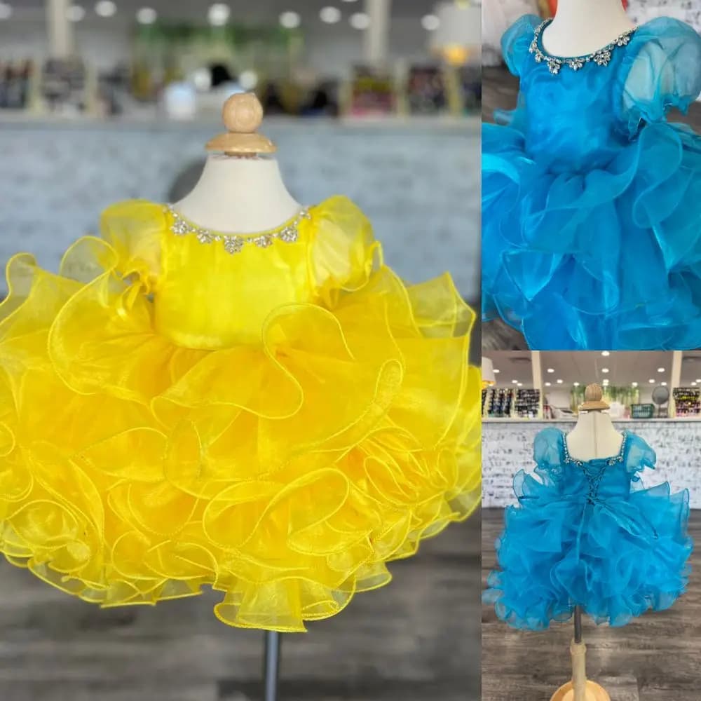 Abito da spettacolo per ragazza con cupcake sfarzo, manica ad aletta, giallo, corto, per bambini, compleanno, divertimento, moda, cocktail party, abito da neonato, bambino, signorina
