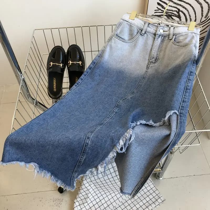 High Waist Asymmetrical Jeans Skirt Women's A-Line Skirt with Frayed Hem Slimming Long Skirt Korean Style Commute
