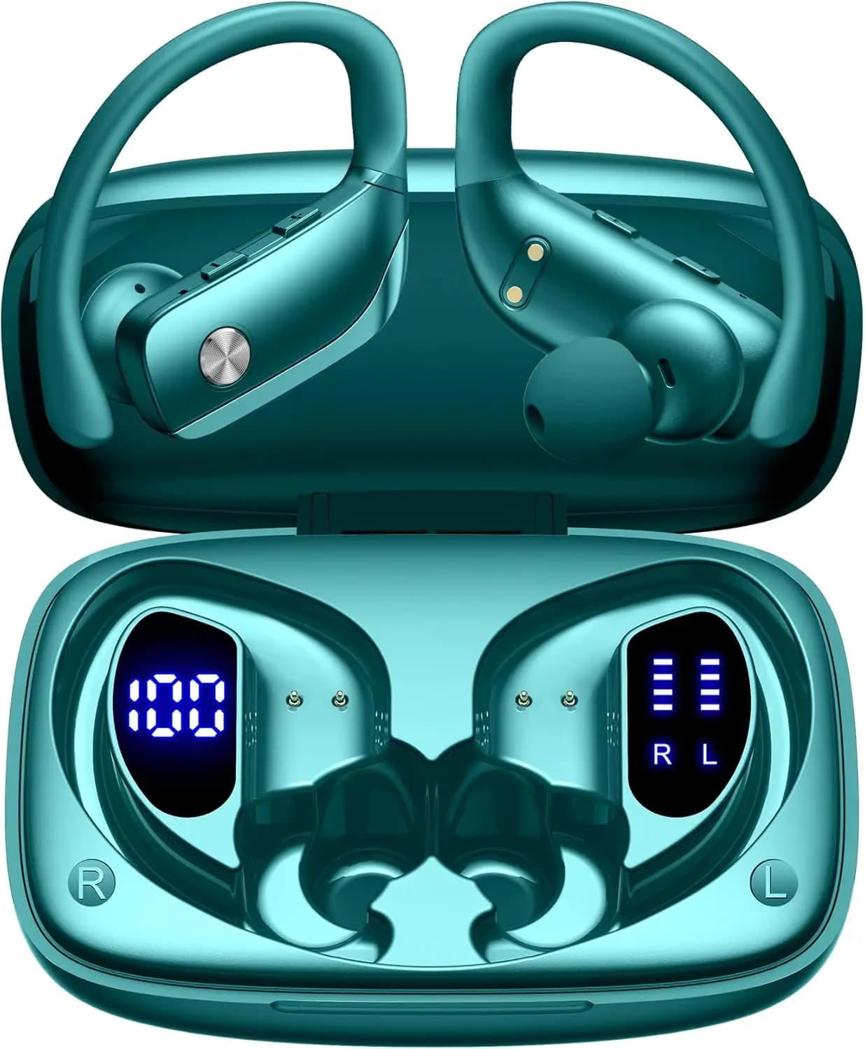 Auricolari Wireless Bluetooth con 80 Ore di Autonomia, Custodia con Display LED, Gancio Over-Ear con Microfono, Audio Stereo