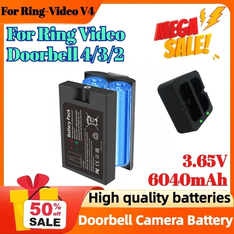 Batteria agli ioni di litio da 3,65 V 6040 mAh per Ring-Video V4 per Ring Video Doorbell 4/3/2 Batteria per telecamera per campanello + Doppia ricarica